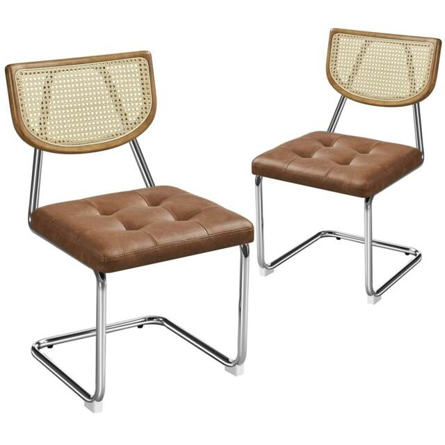 Yaheetech Mid-Century Modern Dining Chairs with Mesh Rattan Back, Set of 2 Brown Retro Brown