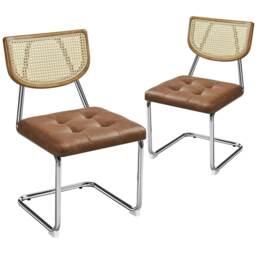 Yaheetech Mid-Century Modern Dining Chairs with Mesh Rattan Back, Set of 2 Brown Retro Brown