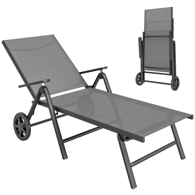 Outsunny Folding Sun Lounger w/ Wheels, 5-Position Adjustable Lounge, Grey
