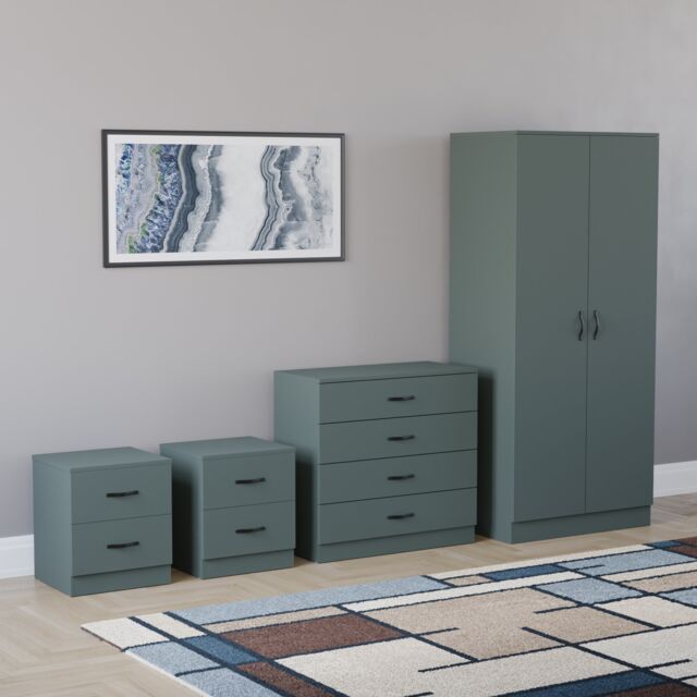 Vida Designs Riano 4 Piece Bedroom Set (2x 2 Drawer Bedside Chest, 4 Drawer Chest, 2 Door Wardrobe) - Green