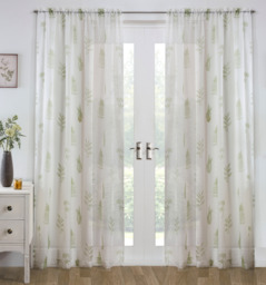 "Bracken Green Leaf Print Linen-Look Voile Panel - Pair 140 x 122 cm (55x48"")"
