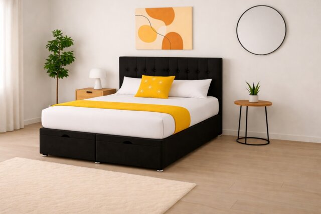 4ft6 Double Black Plush Velvet Ottoman End Open Bed Set Headboard and Mattress