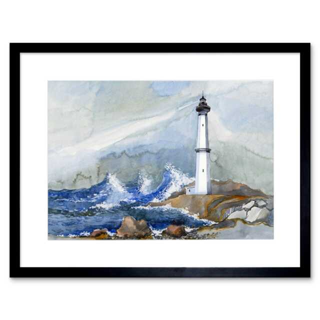 "Lighthouse Coastal Landscape Nautical Watercolour 9x7"" Black Framed Wall Art Print"