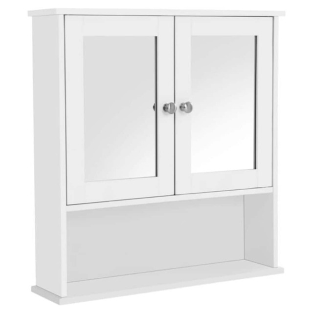 Wall Mounted Mirrored Bathroom Cabinet with Double Doors and Adjustable Shelf, White