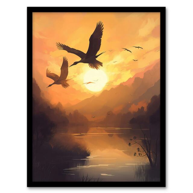 Cranes Soaring Against Golden Sunset Sky Black Framed Wall Art Print A4