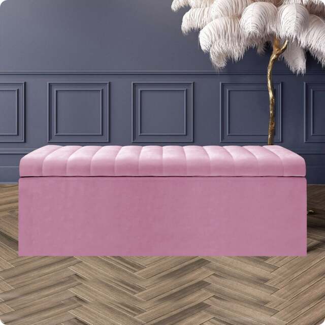 150cm Safar Large Striped Storage Ottoman Box, Pink Plush Velvet Upholstered Deep Storage Ottoman End of Bed Bench