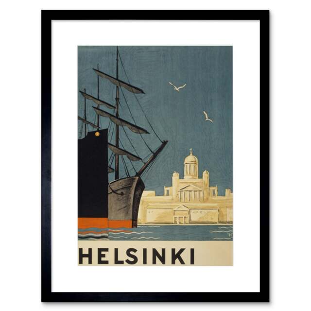 "Finland Helsinki Vintage Travel Advert Cathedral Ships 9x7"" Black Framed Wall Art Print"