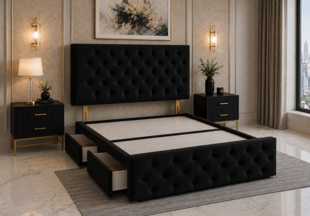 Brooklyn Divan Bed with Upholstered Headboard & Footboard Base - Single Black Plush 2 Drawers Storage Left Side in Bed