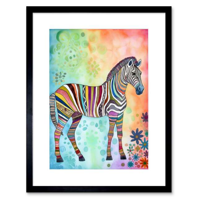 "Floral Rainbow Zebra Folk Art Kids Bedroom 9x7"" Black Framed Wall Art Print"