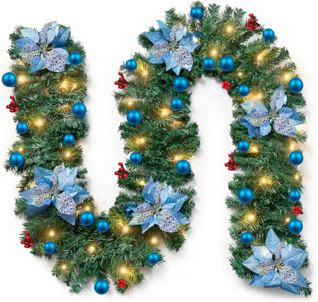 9FT Pre Lit Christmas Garland with Lights Door Wreath Xmas Fireplace Decor LED - Blue