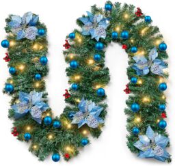 9FT Pre Lit Christmas Garland with Lights Door Wreath Xmas Fireplace Decor LED - Blue