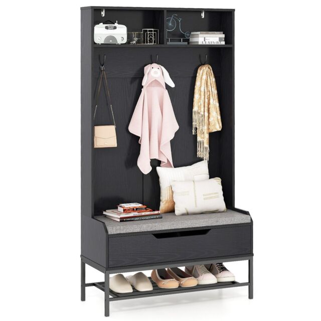 COSTWAY 170cm Tall Hall Tree 4-in-1 Coat Rack Entryway Black Black One Size