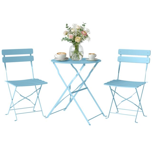 Outsunny Folding Bistro Set with Round Garden Table and Chairs, Light Blue Blue Light Blue Chair: 42W x 48D x 80H cm Table: Φ58 x 70H cm