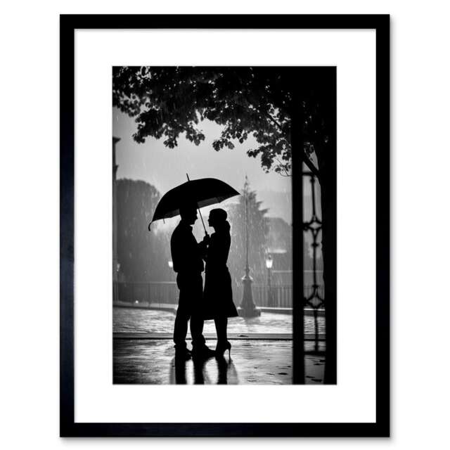 "A Couple Under an Umbrella Black White 9x7"" Black Framed Wall Art Print"