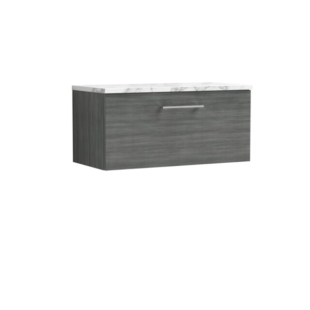 Balterley Level Wall Hung Single Drawer Vanity Unit & Laminate Worktop for Modern Bathroom Storage Grey Anthracite Woodgrain