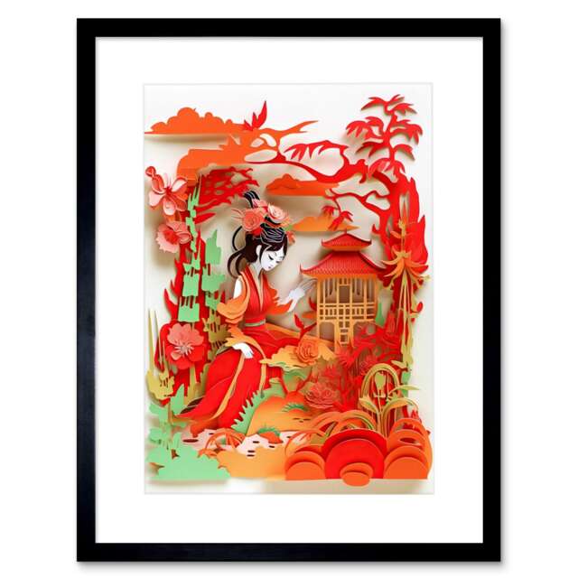 "Woman by Red Temple Garden Kirigami Collage 9x7"" Black Framed Wall Art Print"