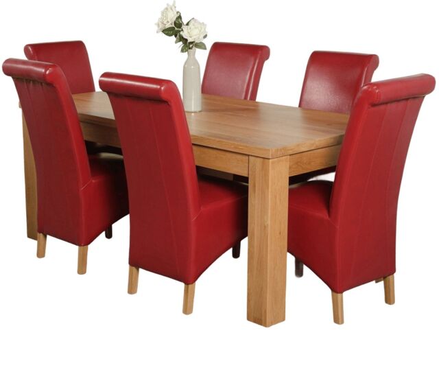 Dakota 182 x 92cm Oak Large Dining Table and 6 Montana Leather Chairs Red Red