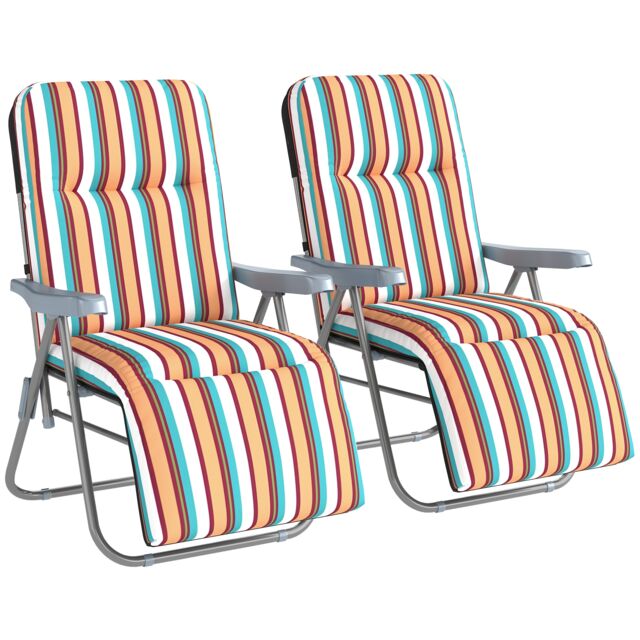Outsunny Set of 2 Adjustable Sun Lounger Recliner Reclining Seat Multicolour Multi Multi-coloured stripes One Size