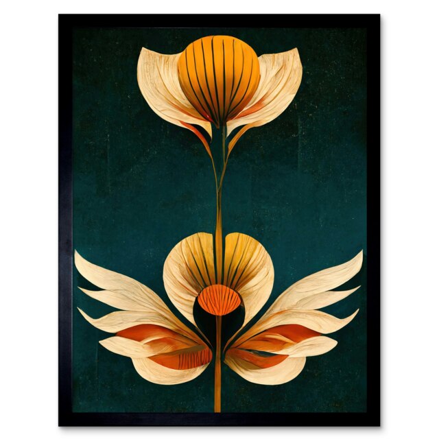 Deco Abstract Tulips Orange Mustard Bold Painting Framed Wall Art Print