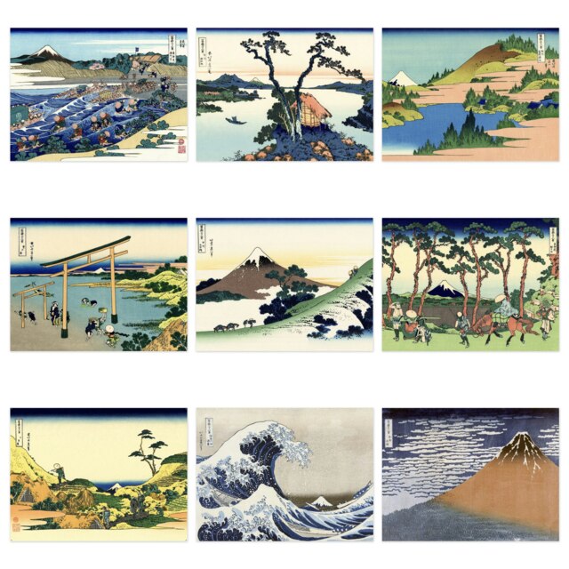 Pack of 9 Hokusai Views Mount Fuji Lakes Nature Japan Ukiyo e Landscapes Wall Art Prints Posters 12x16 Inch
