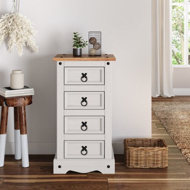 Mercers Furniture Corona White 4 Drawer Narrow Bedside Chest Table Cabinet Solid Wood Pine Wooden Bedroom with Mexican Styling