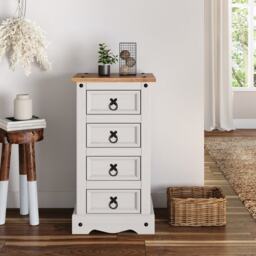 Mercers Furniture Corona White 4 Drawer Narrow Bedside Chest Table Cabinet Solid Wood Pine Wooden Bedroom with Mexican Styling