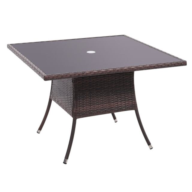 Living and Home Square Wicker Tempered Glass Table with Parasol Hole - Brown Brown