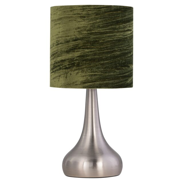 Romana - Brushed Chrome Touch Table Lamp with Green Velvet Shade Chrome Satin nickel plate and dark green velvet 1
