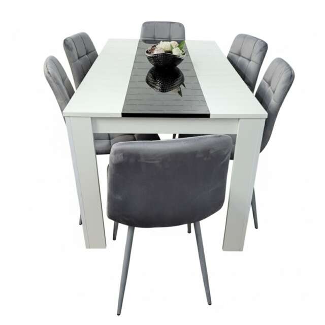 Modern White And Black Dining Table Set With 6 Grey Velvet Chairs Dining Room Furniture