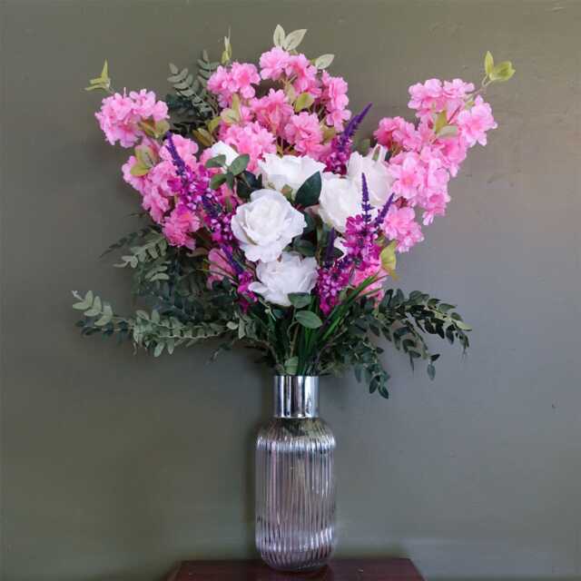 Artificial 100cm Pink Blossom White Rose Arrangement Glass Vase