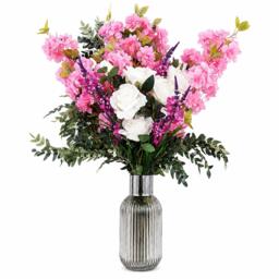 Artificial 100cm Pink Blossom White Rose Arrangement Glass Vase