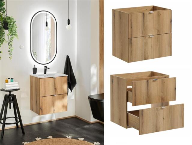 Bathroom Vanity Unit Drawers Cabinet Wall Hung 600mm Oak Unit Ceramic Sink Nova