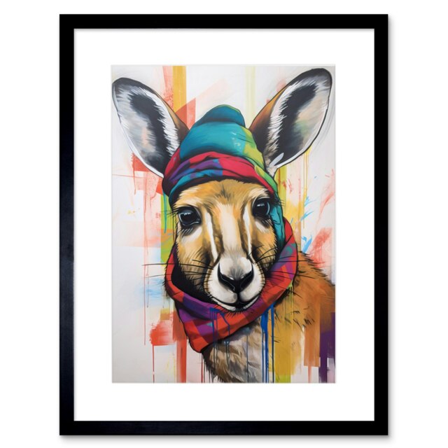 "Kangaroo Wearing Colourful Winter Hat Scarf 9x7"" Black Framed Wall Art Print"