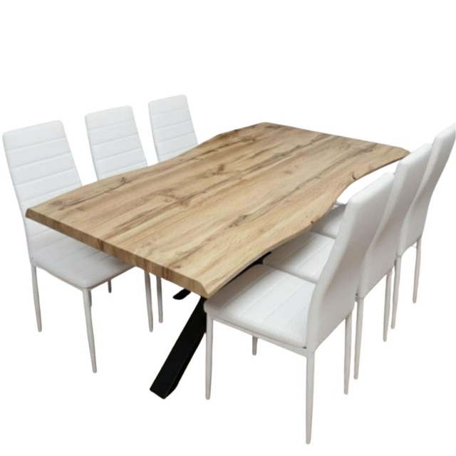 Modern Dining Table with 6 White faux leather padded Chairs Kitchen Furniture