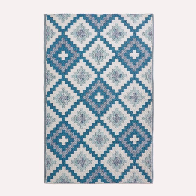 Homescapes Outdoor Rug Luxury Waterproof Reversible Recycled, For Garden, Mia Aztec Blue Blue