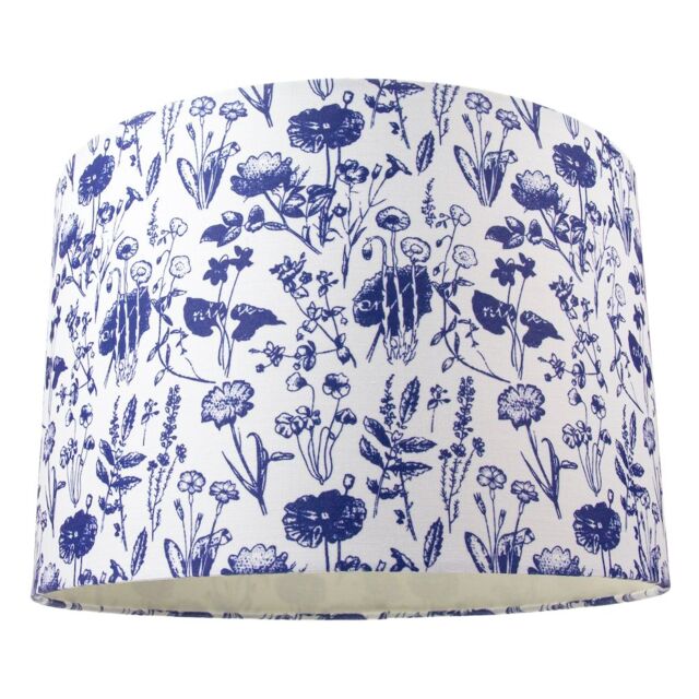 "White Cotton 12"" Drum Lamp Shade with Blue Floral Decoration and Inner Lining Blue Midnight Blue 1"