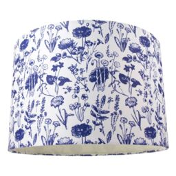 "White Cotton 12"" Drum Lamp Shade with Blue Floral Decoration and Inner Lining Blue Midnight Blue 1"