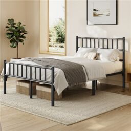 Yaheetech 4ft6 Double Metal Bed Frame with Slatted Headboard Black