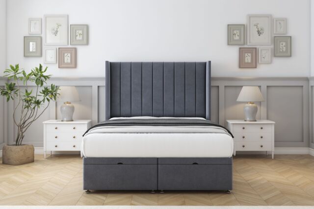 "Sloomy Falcon Steel Plush Ottoman Bed Base With 54"" Wingback Headboard 4'6 Double Grey Steeel Double 1"