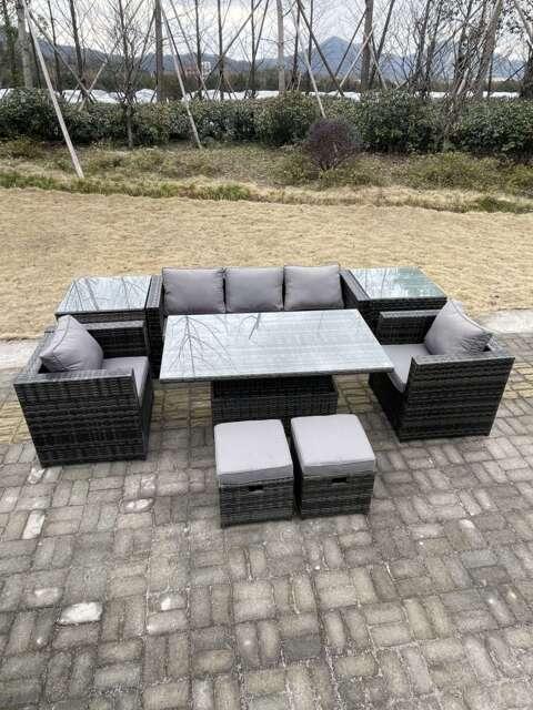 Fimous Rattan Garden Furniture Adjustable Rising Lifting Dining Table Sofa Set Chairs 2 Side Coffee Tables with 2 Stools