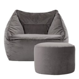 Natalia Velvet Adults Bean Bag Armchair and Pouffe, Ready Filled Large Beanbag and Footstool Charcoal Grey Grey Charcoal Grey XL 2