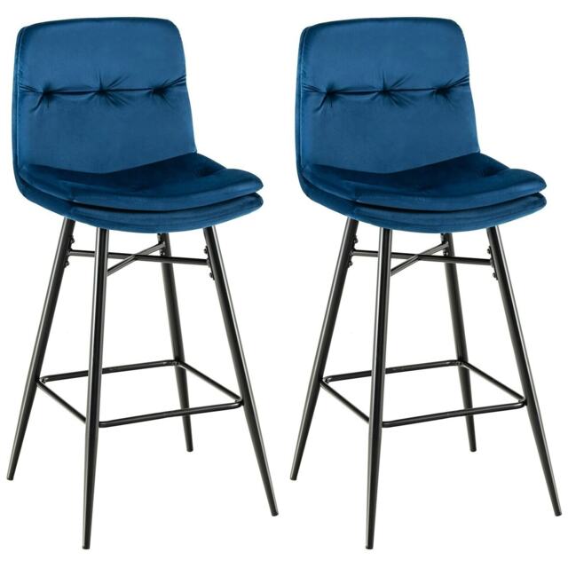 COSTWAY Set of 2 Bar Stools Velvet Counter Height Chair Blue Blue