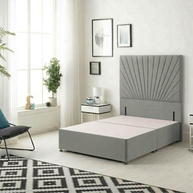 Sunburst Divan Bed with 54'' Floor Standing Headboard Linen Fabric Silver Silver