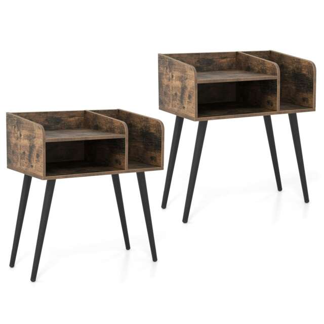 COSTWAY Set of 2 Nightstand with Open Shelves Coffee Brown