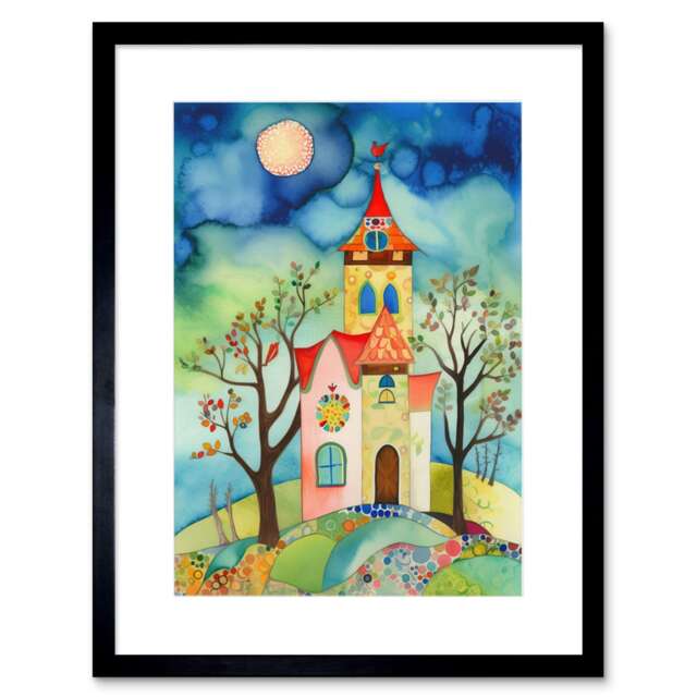 "Countryside Chapel Folk Art Watercolour Painting 9x7"" Black Framed Wall Art Print"