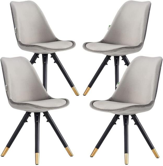 Set of 4 Sofia Ergonomic Modern Dining Chairs Upholstered in Velvet, Metal Legs with Gold End Tips Grey Dark Grey