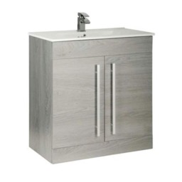 Bathroom 2-Door Floor Standing Vanity Unit with Mid Depth Ceramic Basin 800mm Wide - Silver Oak - Brassware Not Included Brown Brown 1