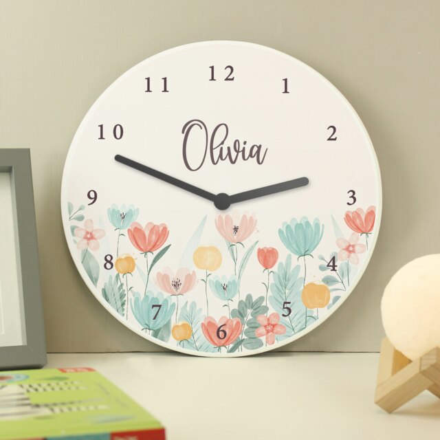 Personalised Floral Wooden Childrens Clock White