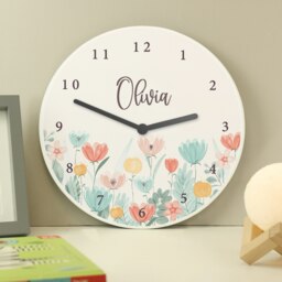 Personalised Floral Wooden Childrens Clock White
