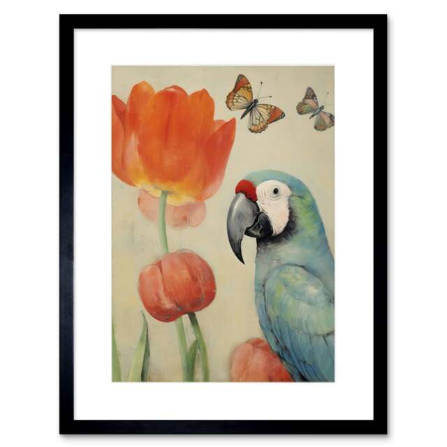"Parrot Tulips Flowers Butterflies Pastel 9x7"" Black Framed Wall Art Print"